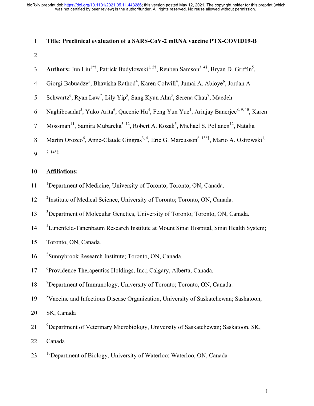 Preclinical Evaluation of a SARS-Cov-2 Mrna Vaccine PTX-COVID19-B