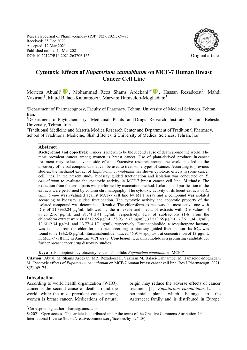 Cytotoxic Effects of Eupatorium Cannabinum on MCF-7 Human Breast Cancer Cell Line