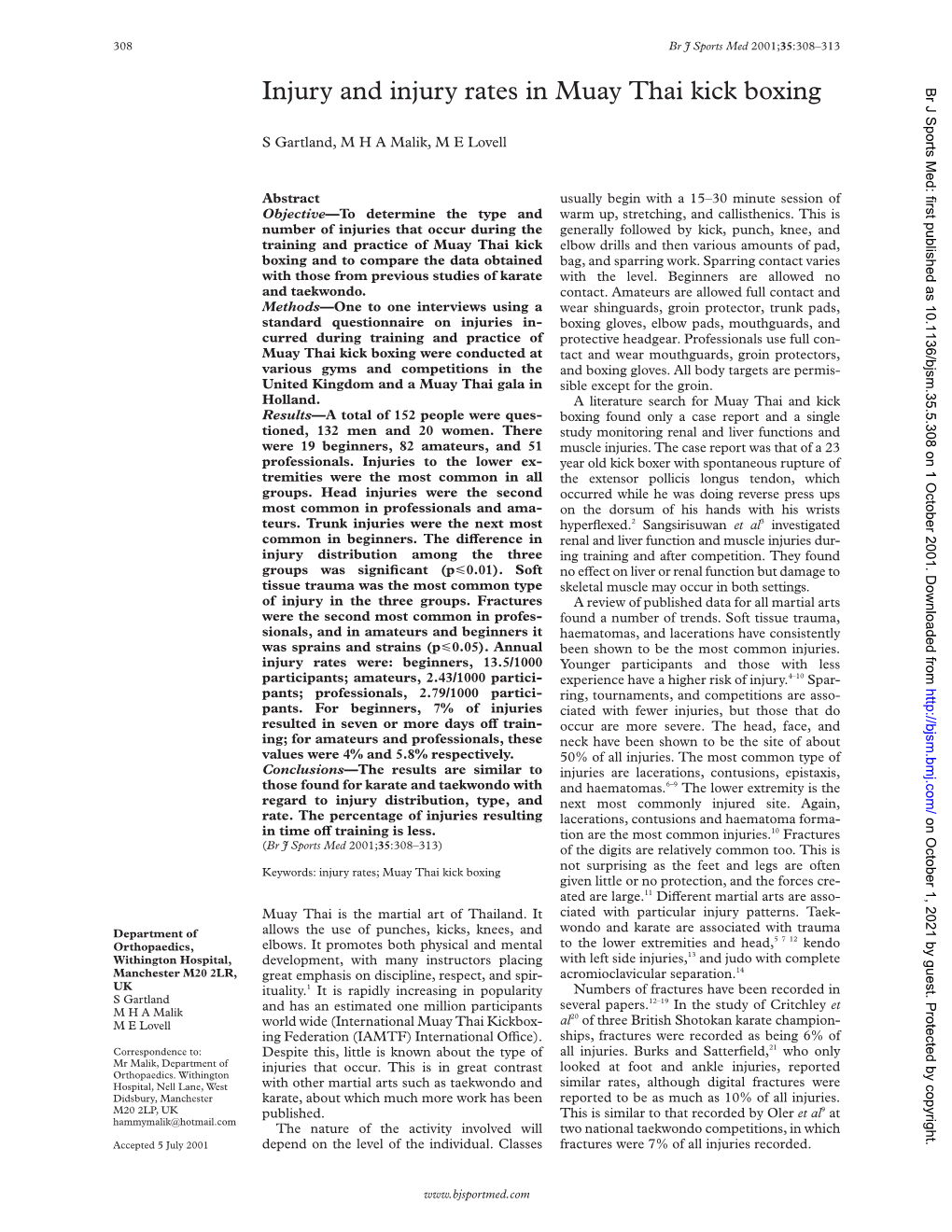 Injury and Injury Rates in Muay Thai Kick Boxing Br J Sports Med: First Published As 10.1136/Bjsm.35.5.308 on 1 October 2001