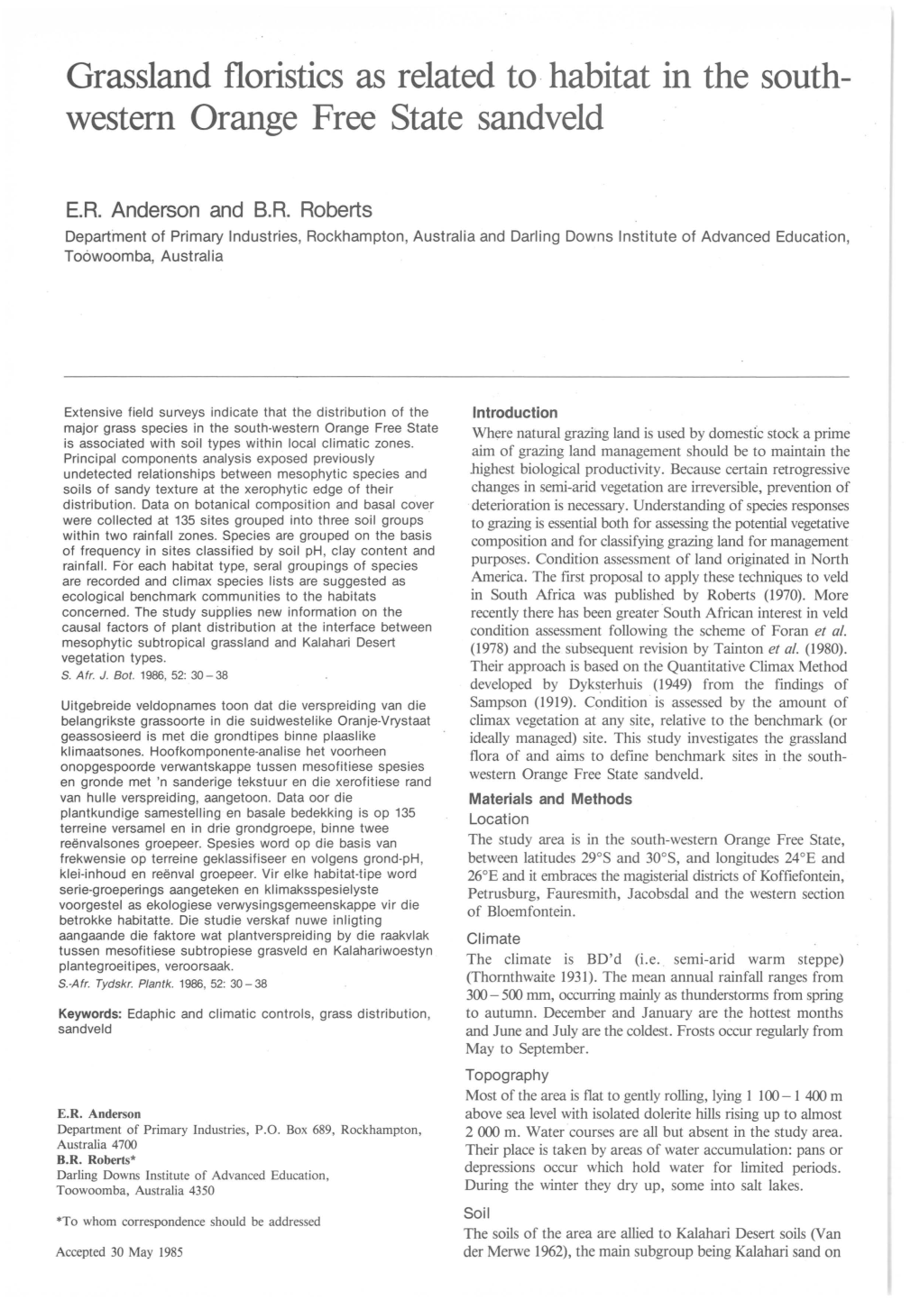 Grassland Floristics As Related to Habitat in the South-Western Orange