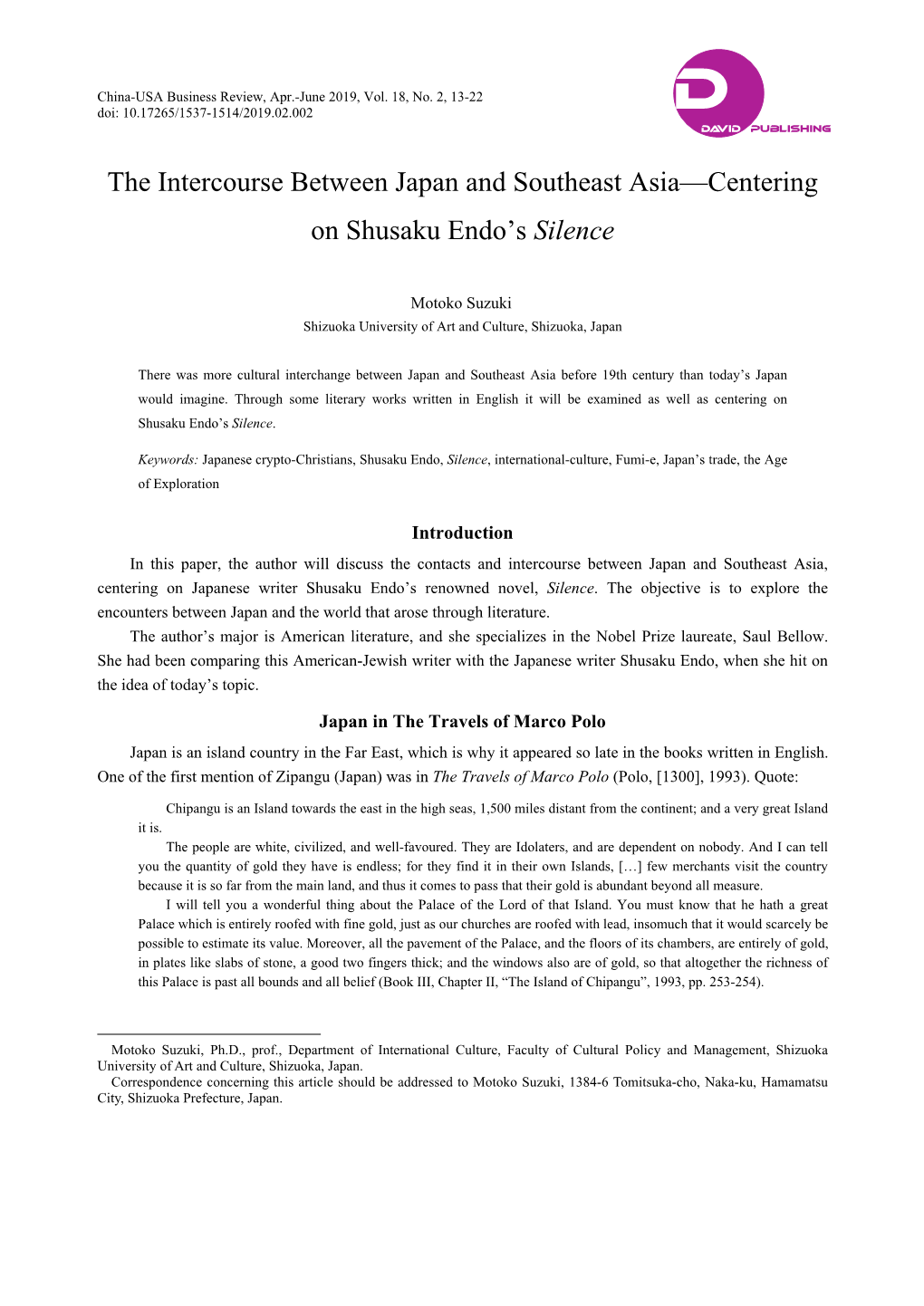 The Intercourse Between Japan and Southeast Asia—Centering on Shusaku Endo’S Silence