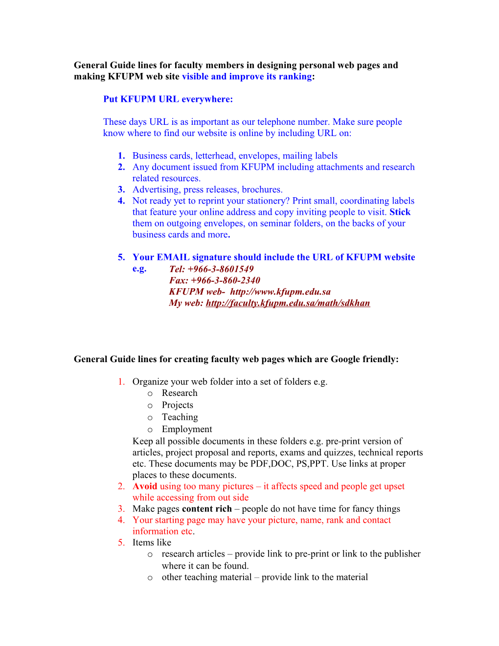 General Guide Lines for Faculty Members for Making KFUPM Web Site Visible