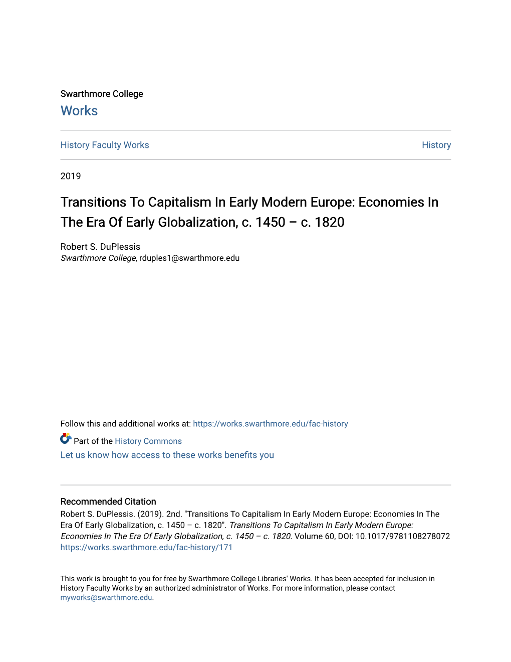 Transitions to Capitalism in Early Modern Europe: Economies in the Era of Early Globalization, C