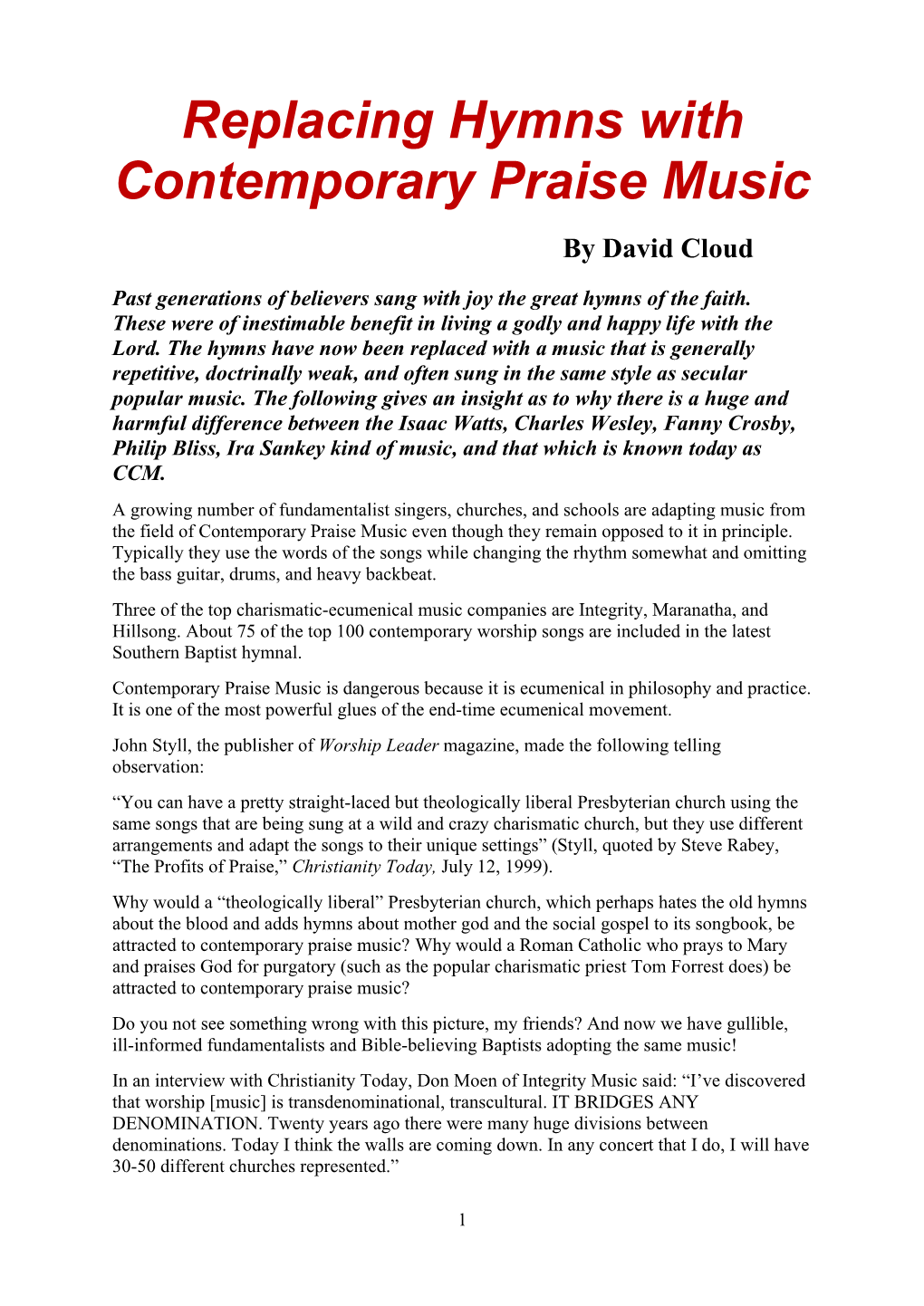 Replacing Hymns with Contemporary Praise Music by David Cloud