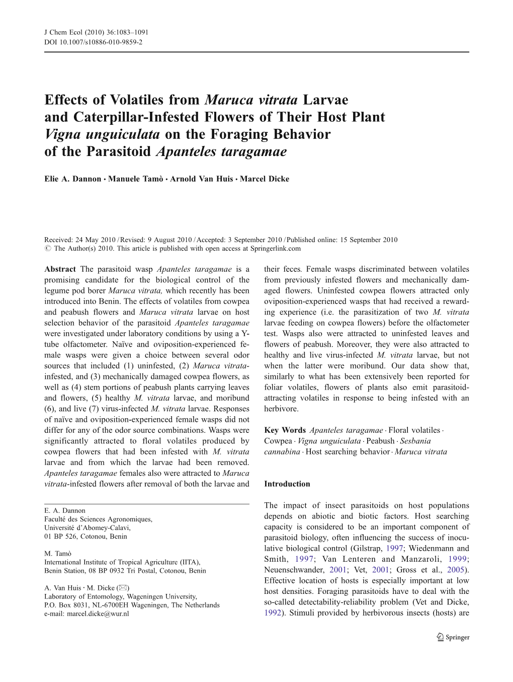 Effects of Volatiles from Maruca Vitrata Larvae and Caterpillar-Infested