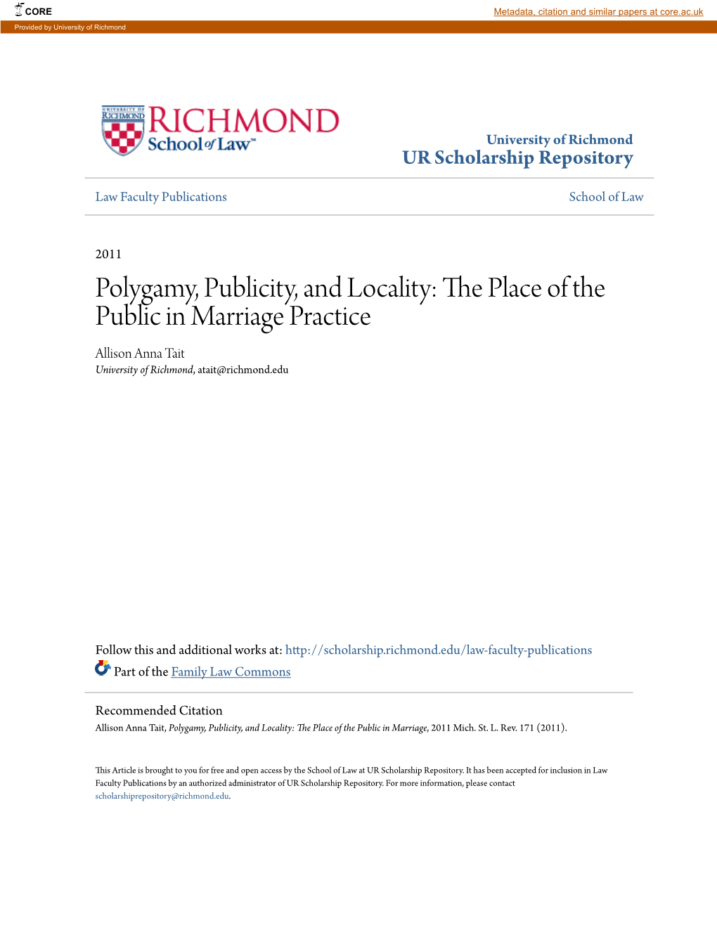 Polygamy, Publicity, and Locality: the Place of the Public in Marriage, 2011 Mich