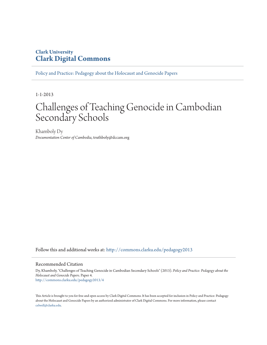 Challenges of Teaching Genocide in Cambodian Secondary Schools
