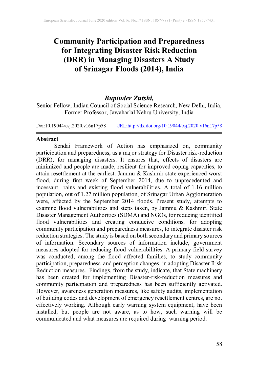 Community Participation and Preparedness for Integrating Disaster Risk Reduction (DRR) in Managing Disasters a Study of Srinagar Floods (2014), India