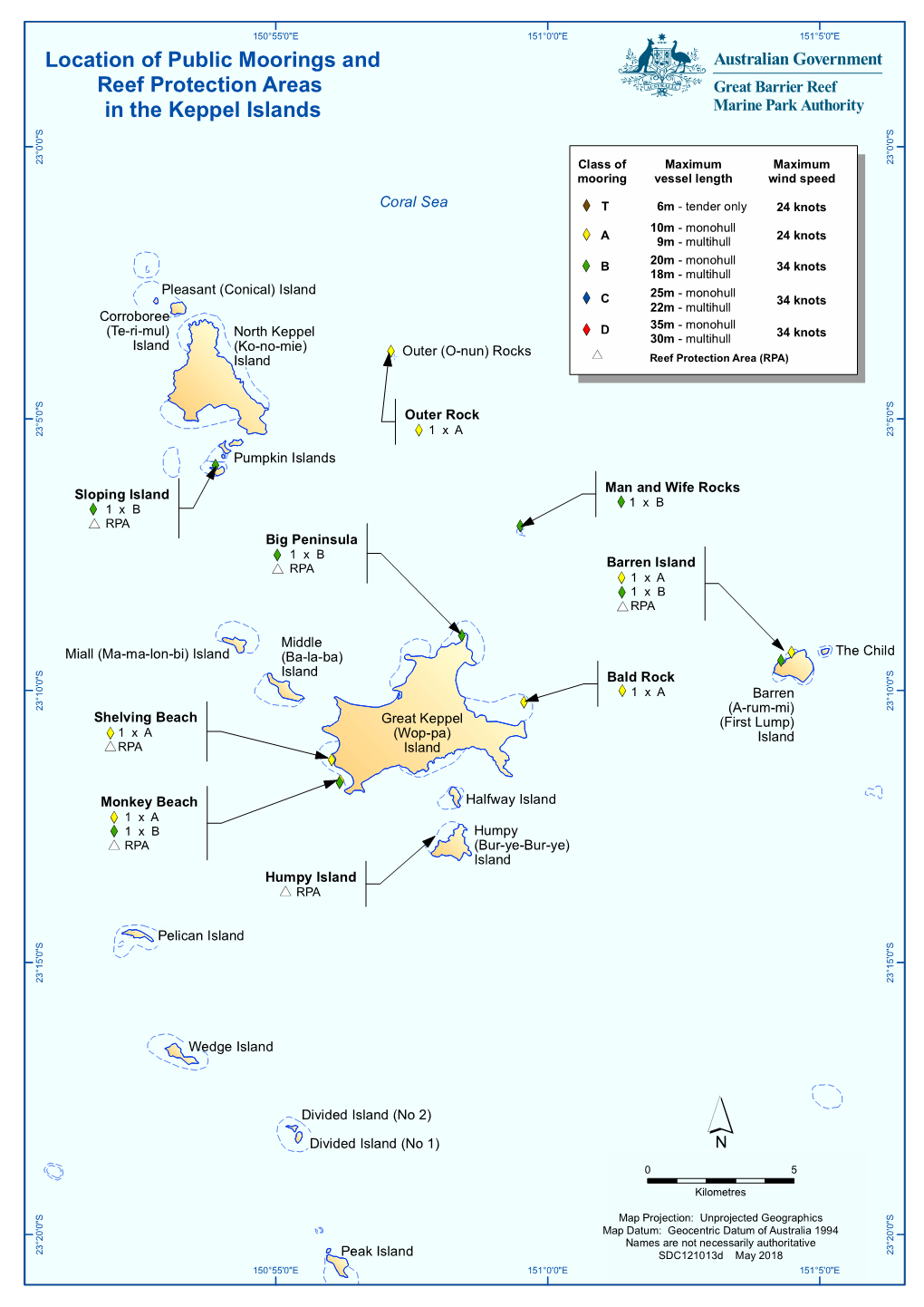 Location of Public Moorings and Reef Protection Areas in the Keppel Islands S S " " 0 0 ' ' ° 0 ° 0 3 3 2 Class of Maximum Maximum 2 Mooring Vessel Length Wind Speed