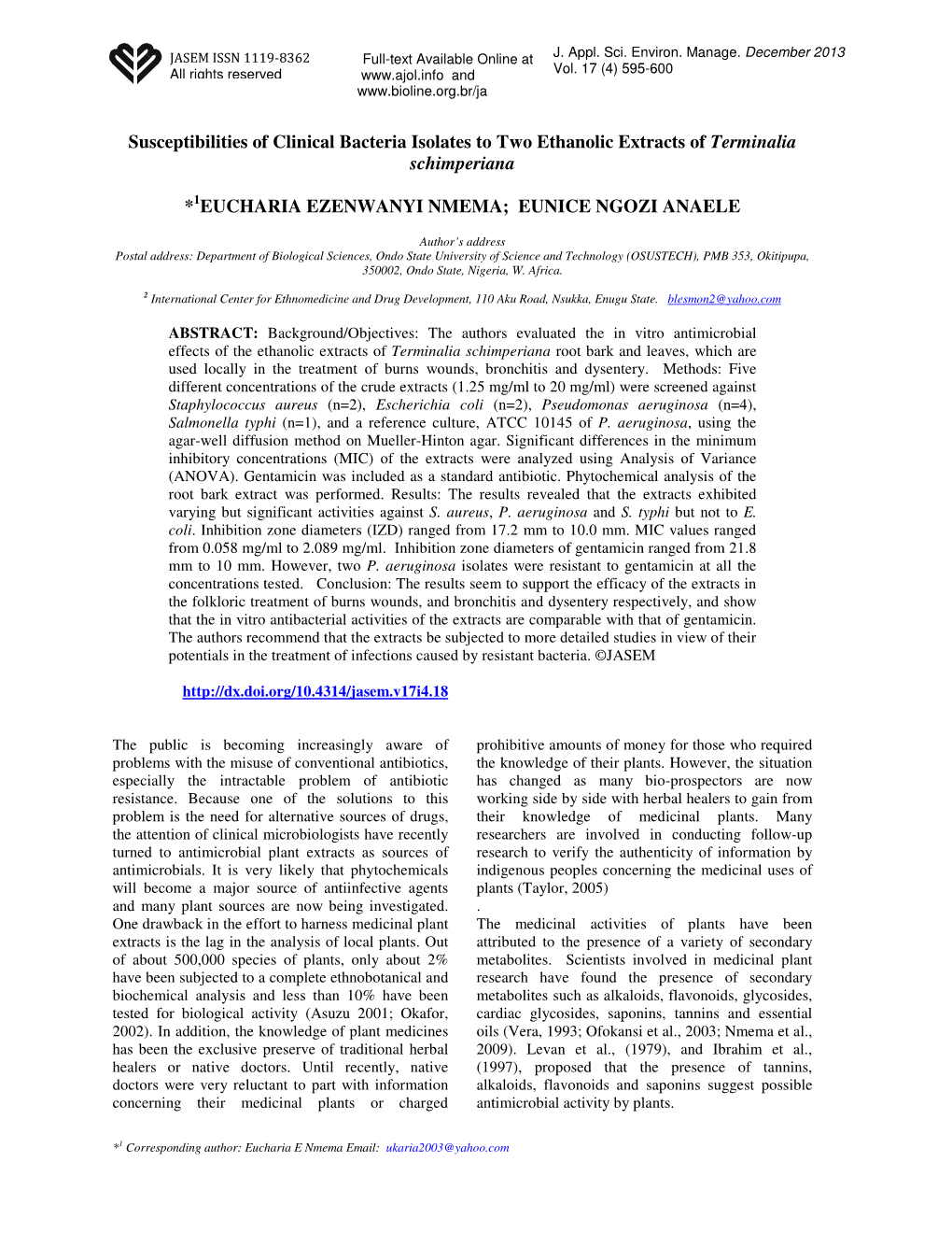 Susceptibilities of Clinical Bacteria Isolates to Two Ethanolic Extracts of Terminalia Schimperiana