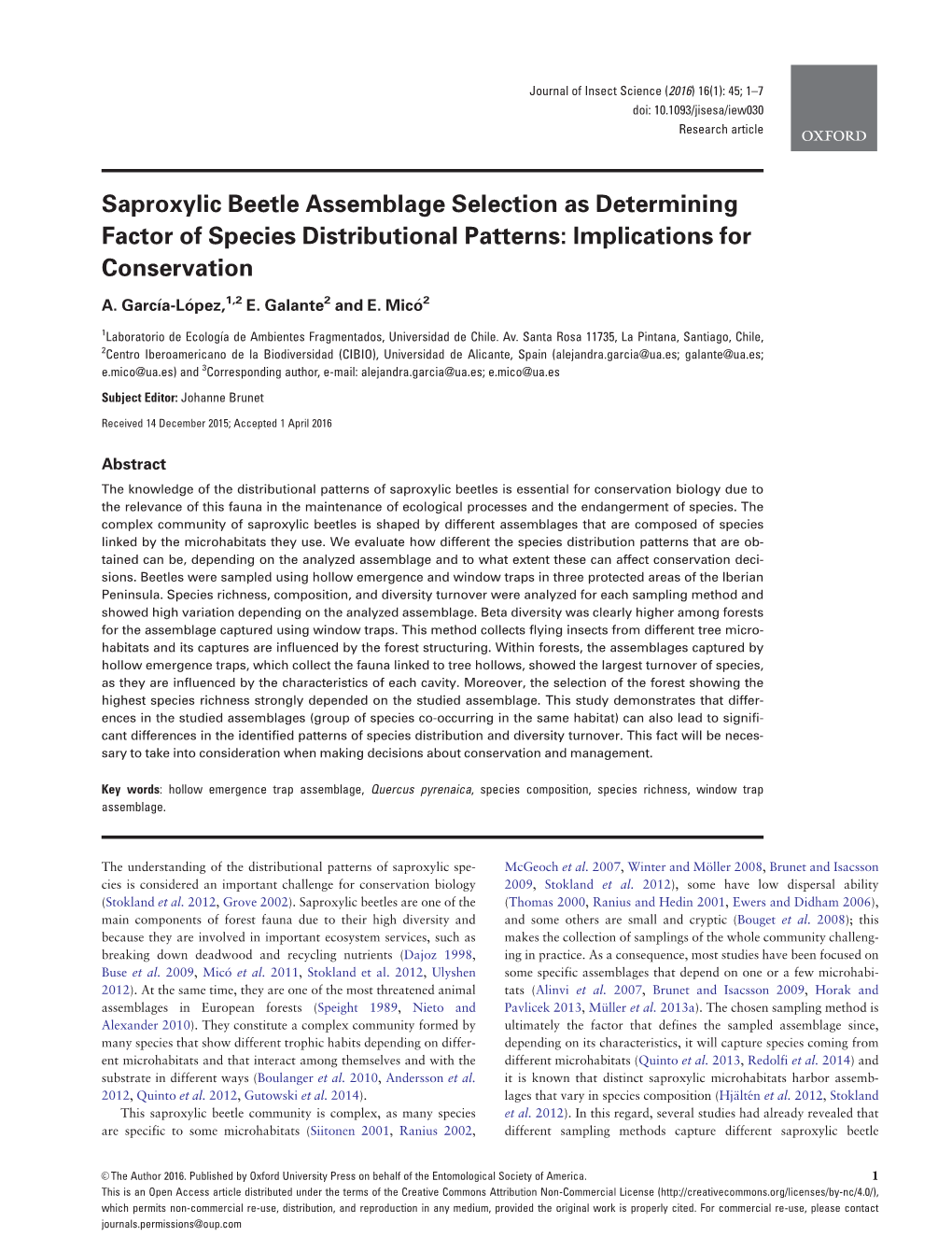 Saproxylic Beetle Assemblage Selection As Determining Factor of Species Distributional Patterns: Implications for Conservation