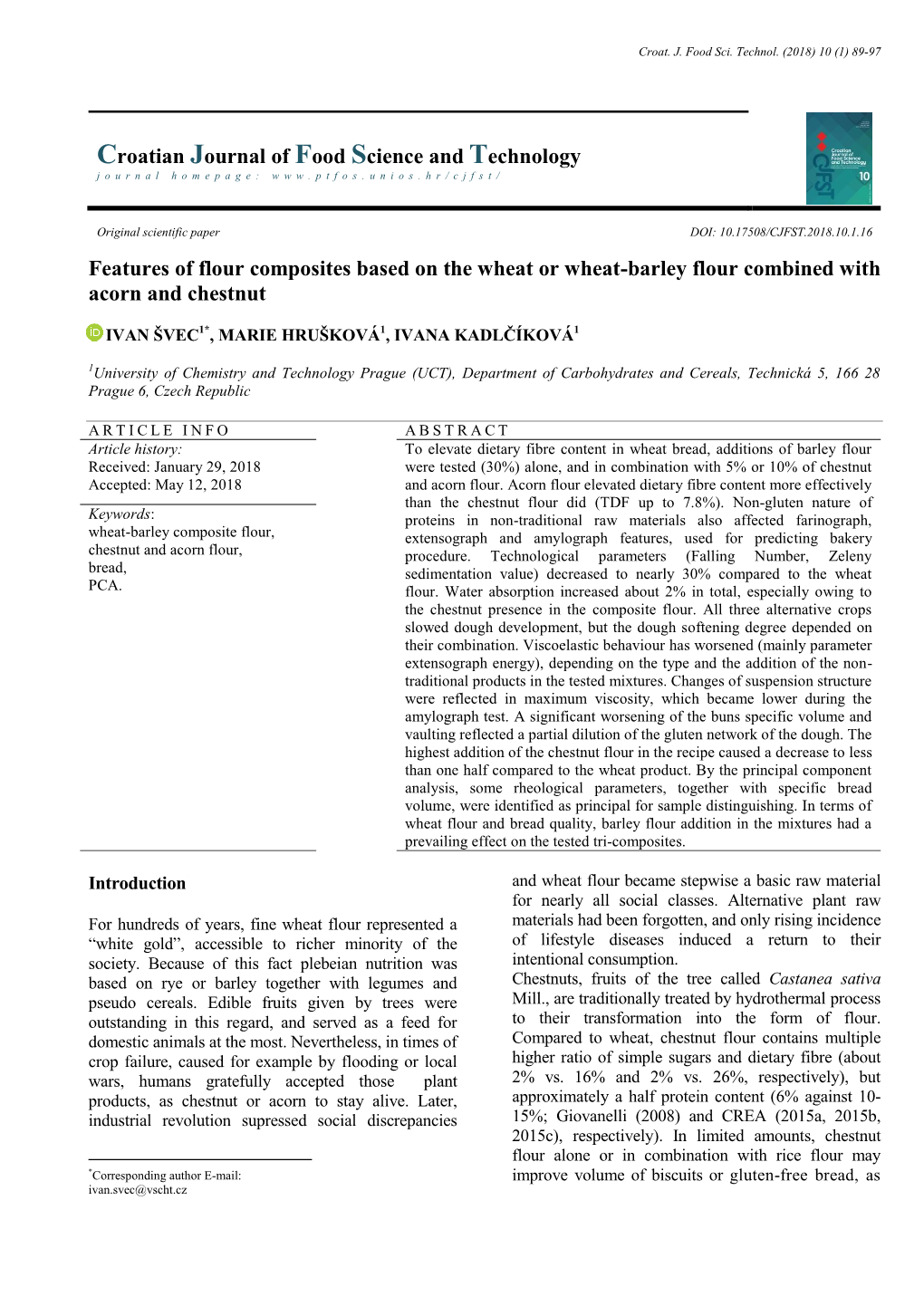 Croatian Journal of Food Science and Technology Features of Flour Composites Based on the Wheat Or Wheat-Barley Flour Combined W
