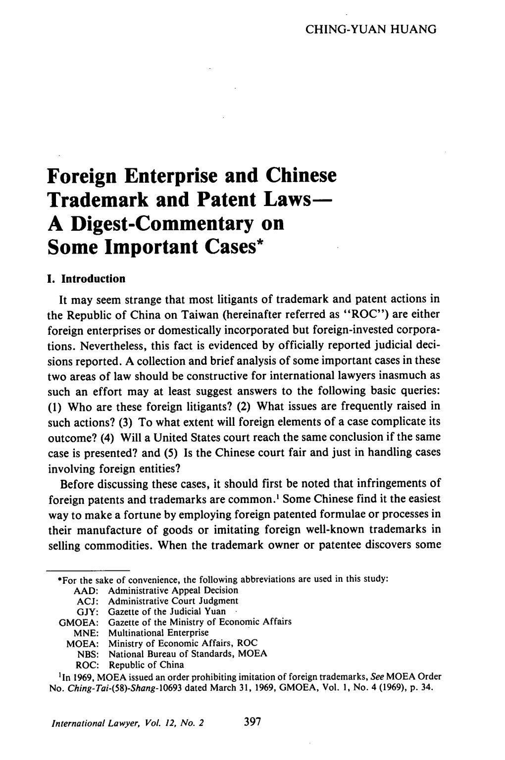 Foreign Enterprise and Chinese Trademark and Patent Laws- a Digest-Commentary on Some Important Cases*