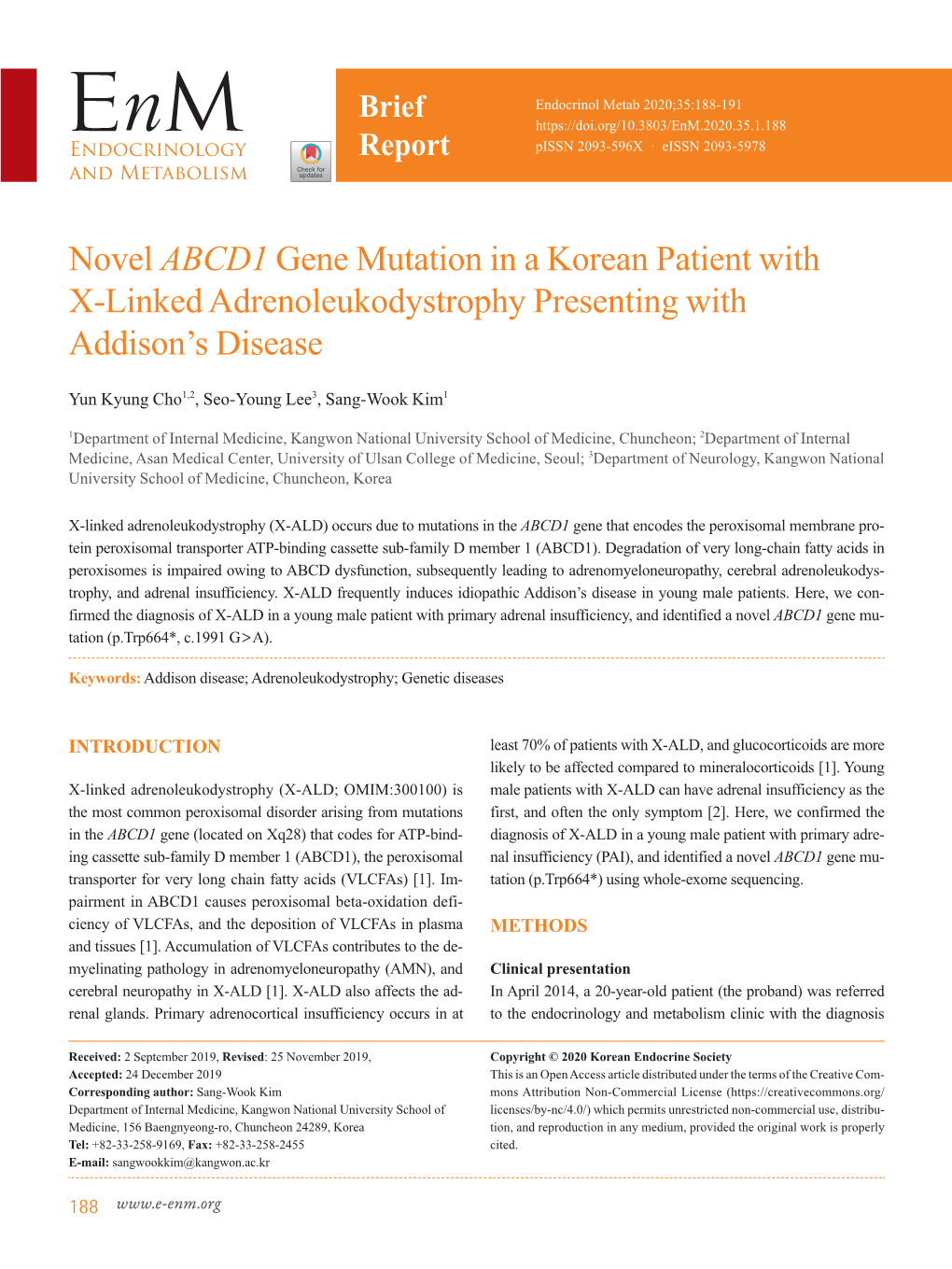 Novel ABCD1 Gene Mutation in a Korean Patient with X-Linked Adrenoleukodystrophy Presenting with Addison’S Disease