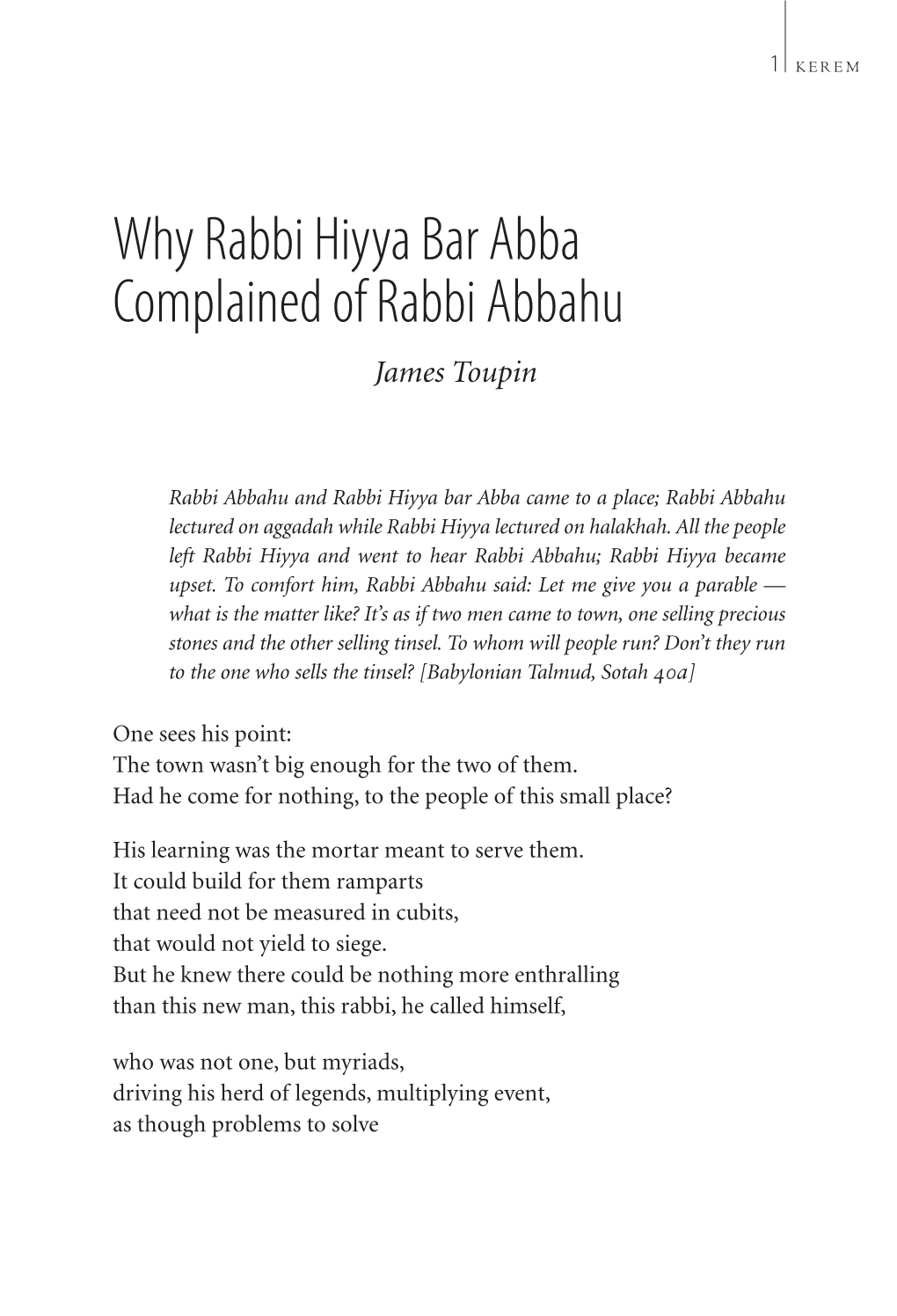 Why Rabbi Hiyya Bar Abba Complained of Rabbi Abbahu James Toupin