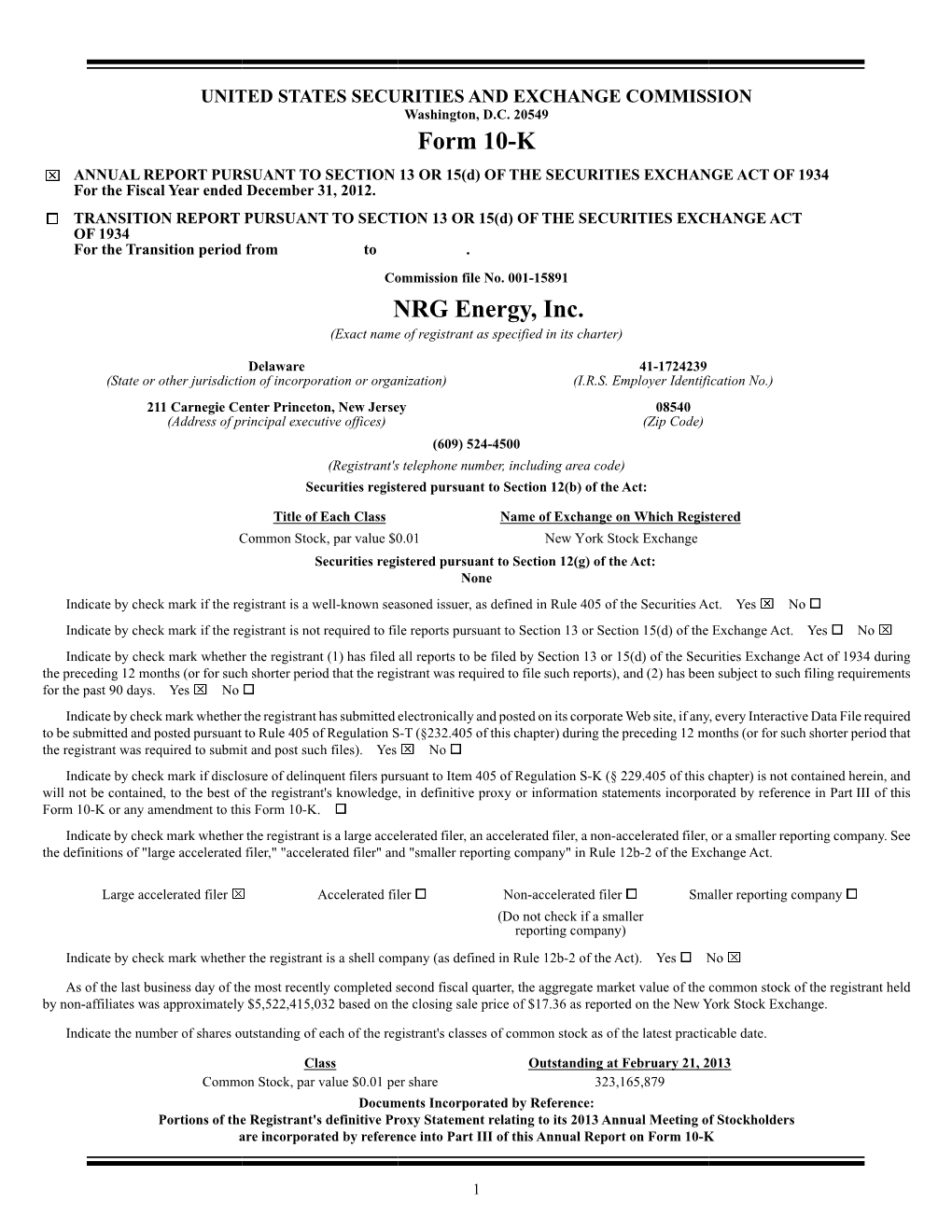 Form 10-K NRG Energy, Inc