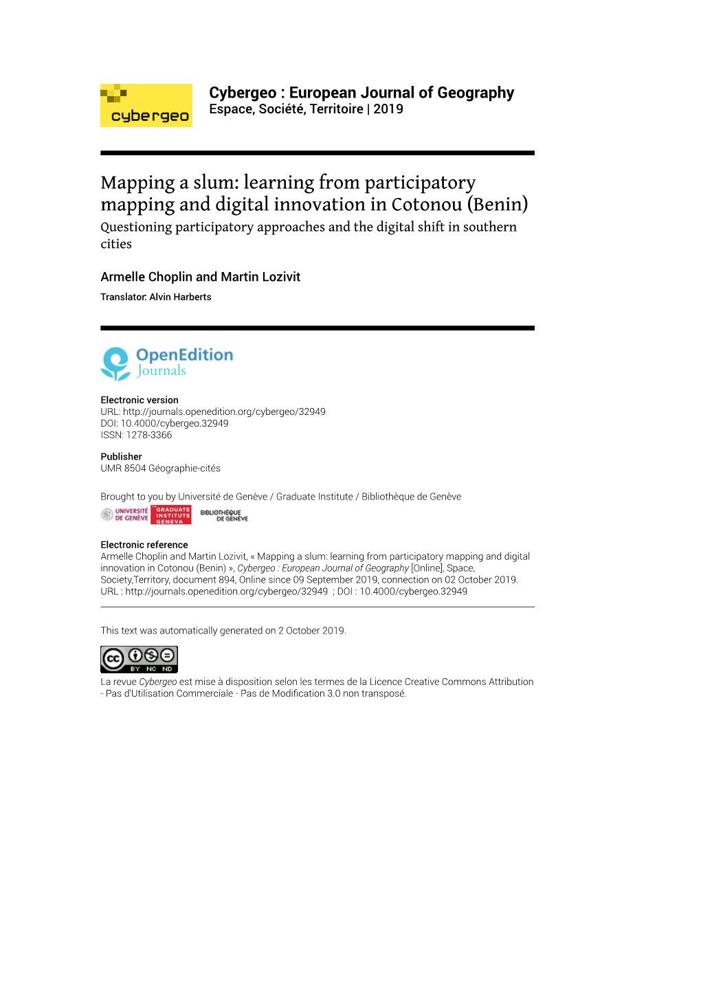 Learning from Participatory Mapping and Digital Innovation in Cotonou (Benin) Questioning Participatory Approaches and the Digital Shift in Southern Cities