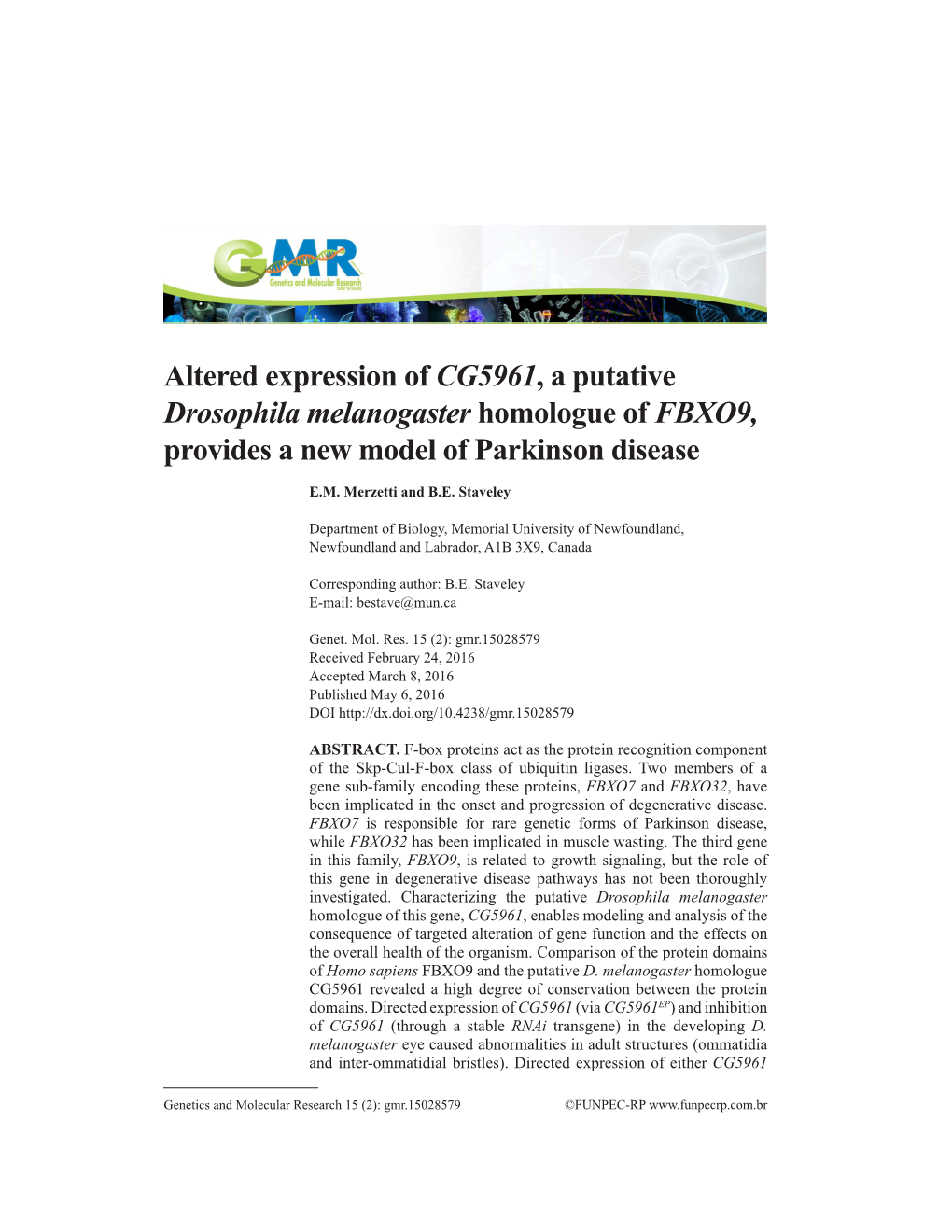 Altered Expression of CG5961, a Putative Drosophila Melanogaster Homologue of FBXO9, Provides a New Model of Parkinson Disease