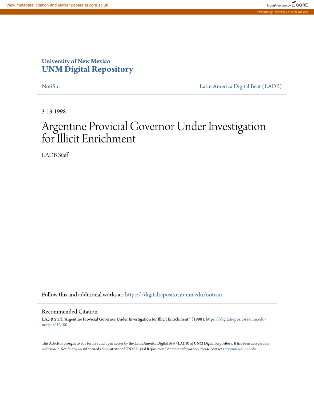 Argentine Provicial Governor Under Investigation for Illicit Enrichment LADB Staff