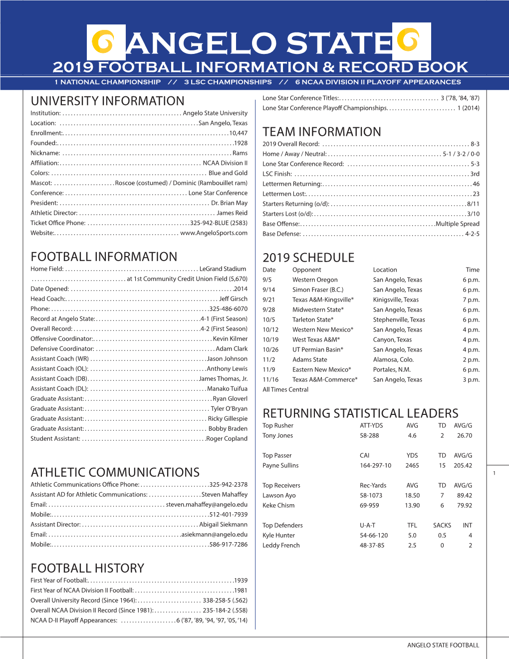 Angelo State 2019 Football Information & Record Book 1 National Championship // 3 Lsc Championships // 6 Ncaa Division Ii Playoff Appearances
