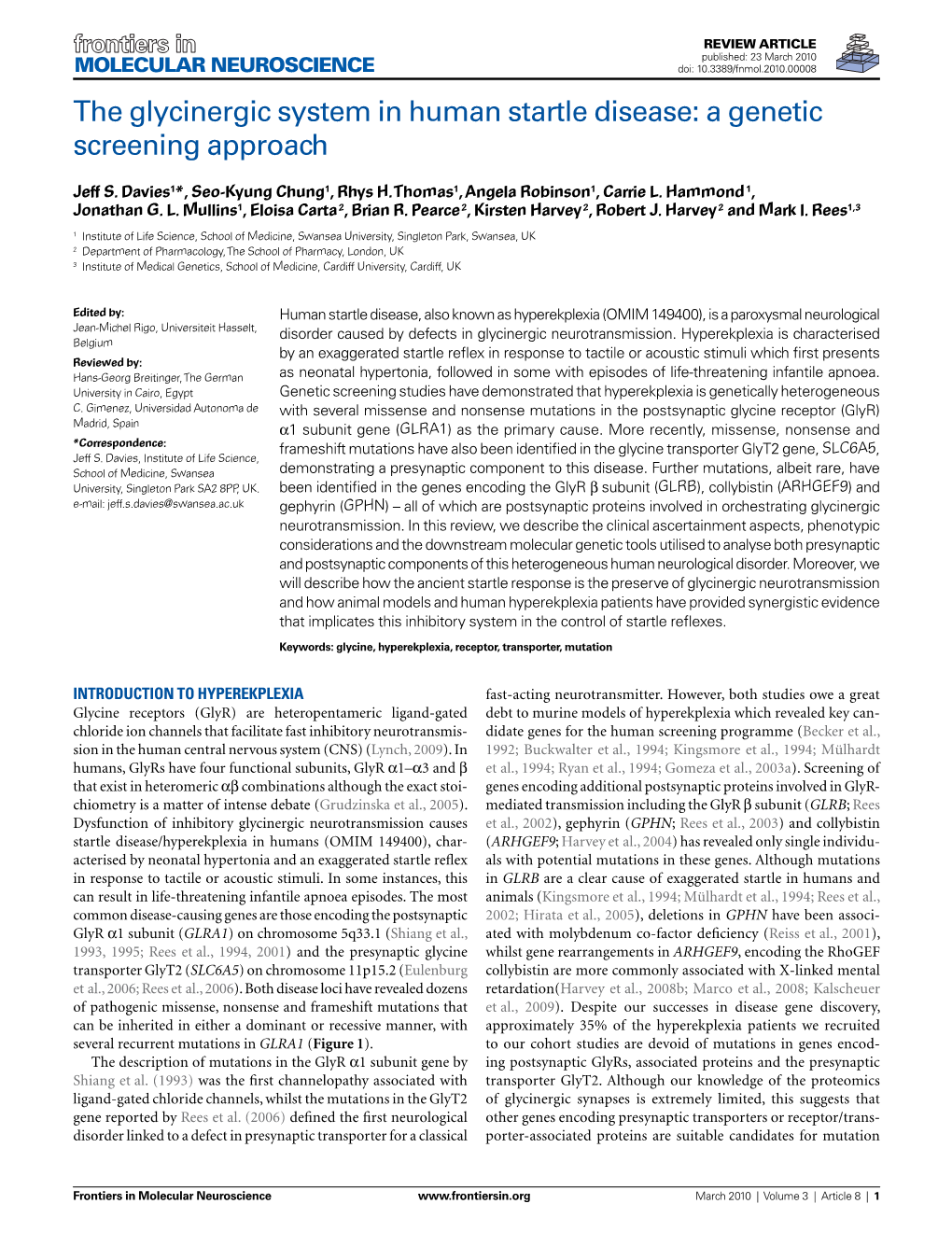 The Glycinergic System in Human Startle Disease: a Genetic Screening Approach