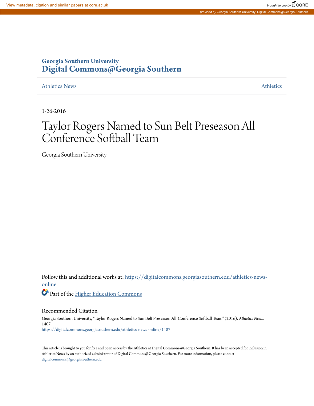 Taylor Rogers Named to Sun Belt Preseason All-Conference Softball Team" (2016)