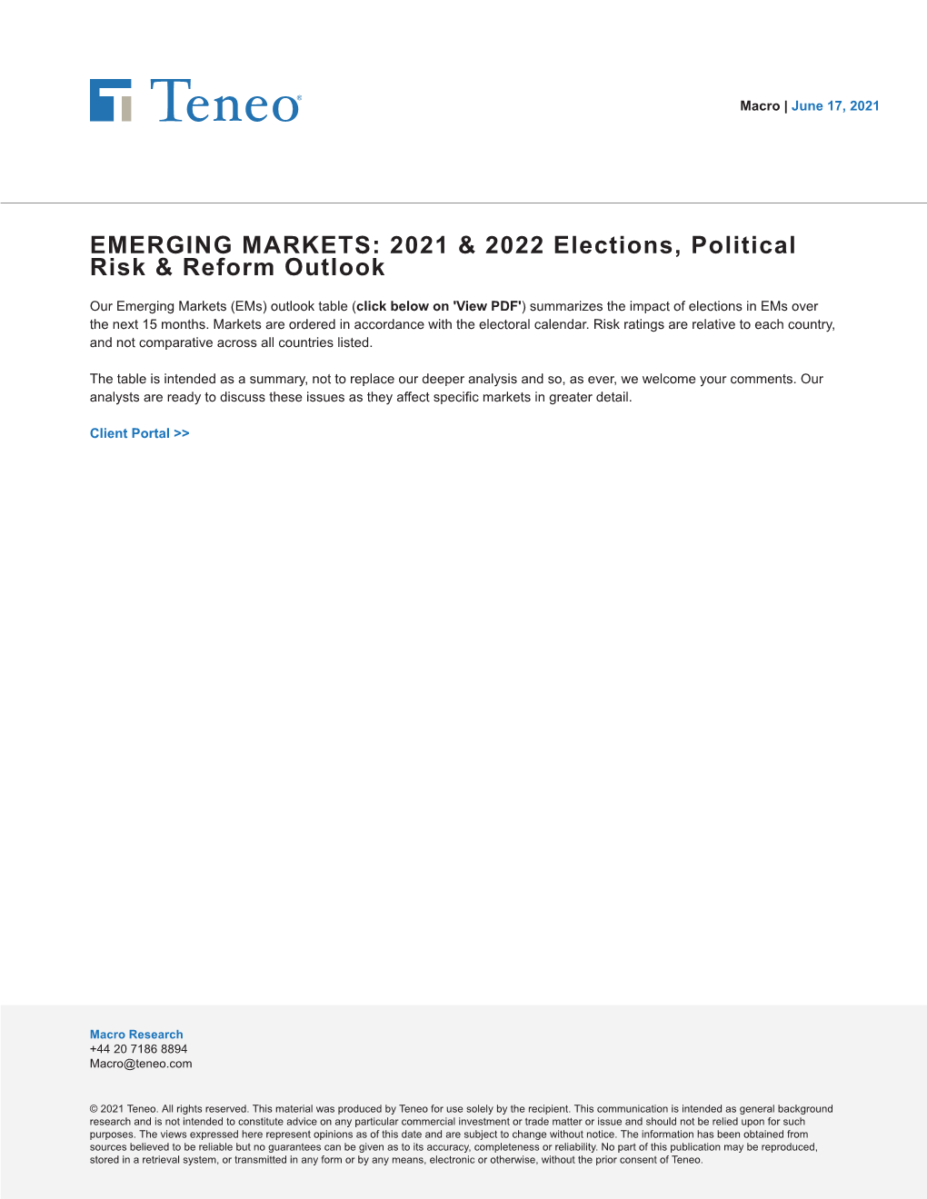 Emerging Markets – 2021 & 2022 Elections, Political Risk