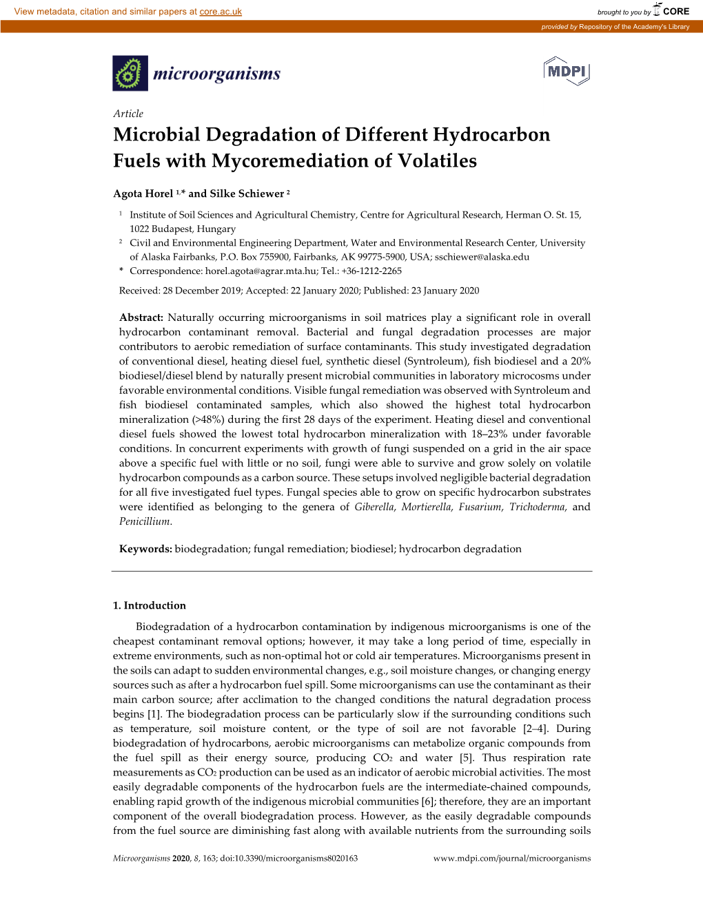 Microbial Degradation of Different Hydrocarbon Fuels with Mycoremediation of Volatiles