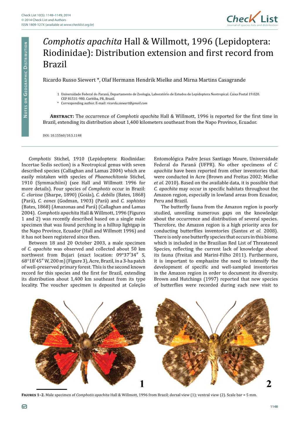 Chec List Comphotis Apachita Hall & Willmott, 1996 (Lepidoptera: Riodinidae): Distribution Extension and First Record from B