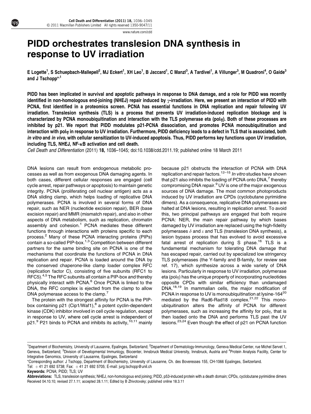 PIDD Orchestrates Translesion DNA Synthesis in Response to UV Irradiation