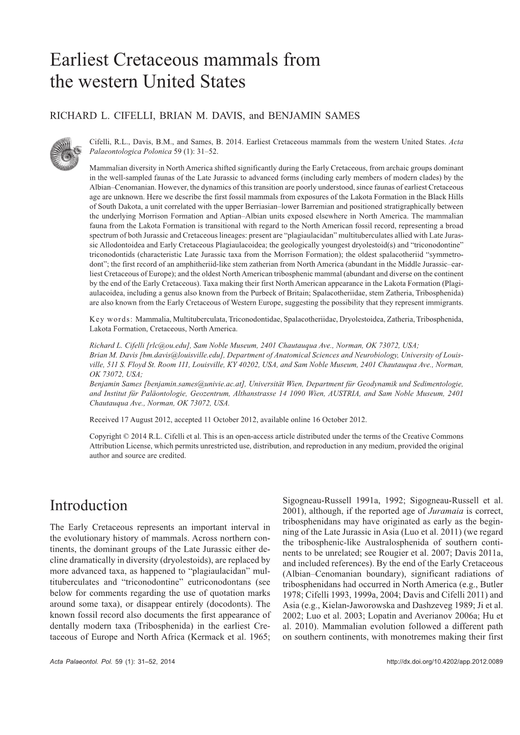 Earliest Cretaceous Mammals from the Western United States