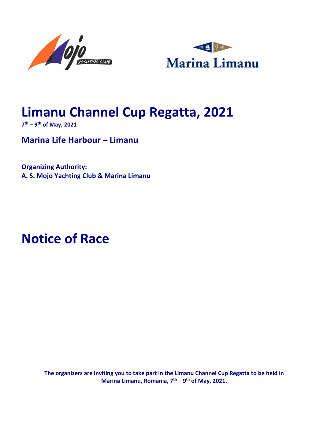 Limanu Channel Cup Regatta, 2021 Notice of Race