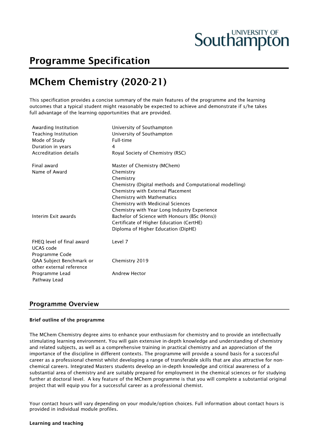 Programme Specification Mchem Chemistry (2020-21)