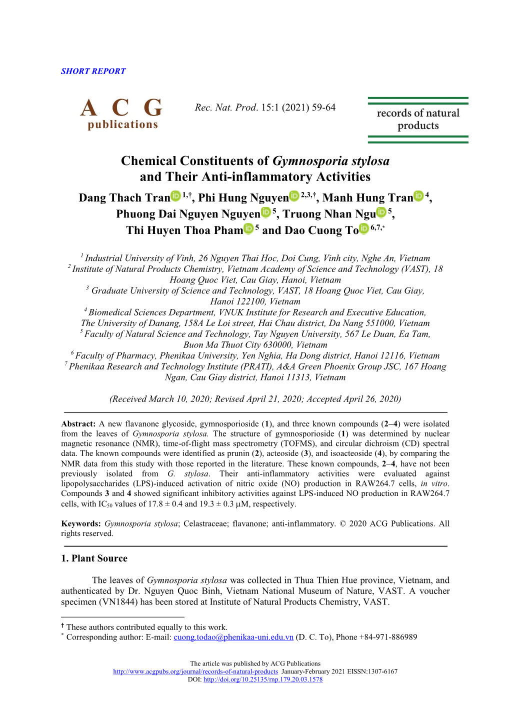 Chemical Constituents of Gymnosporia Stylosa and Their Anti-Inflammatory Activities