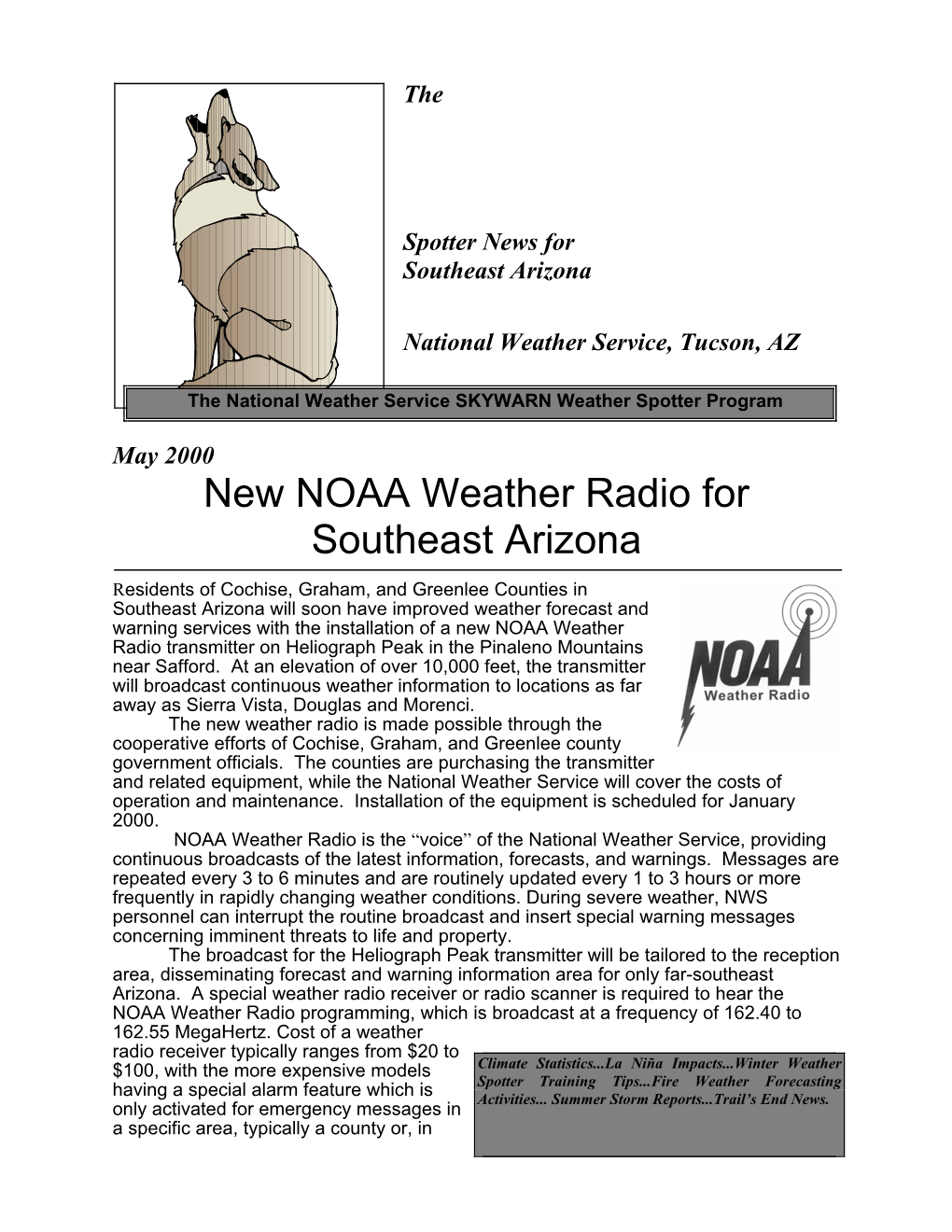 New NOAA Weather Radio for Southeast Arizona