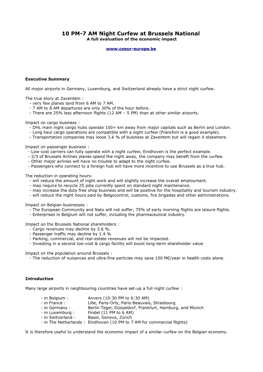 10 PM-7 AM Night Curfew at Brussels National a Full Evaluation of the Economic Impact