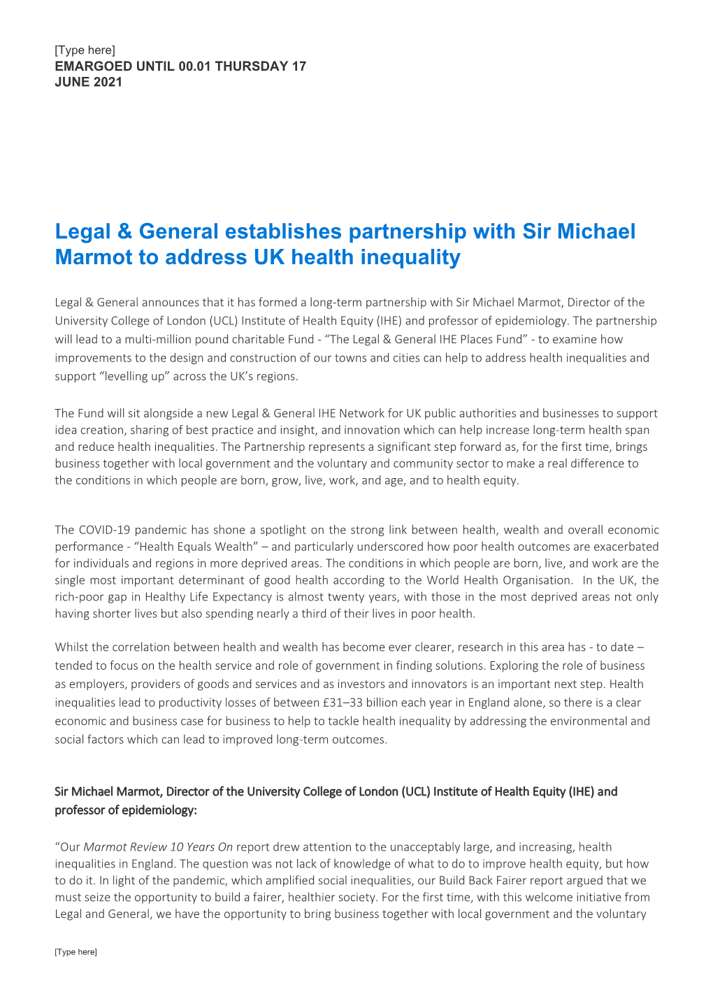 Legal & General Establishes Partnership with Sir Michael Marmot