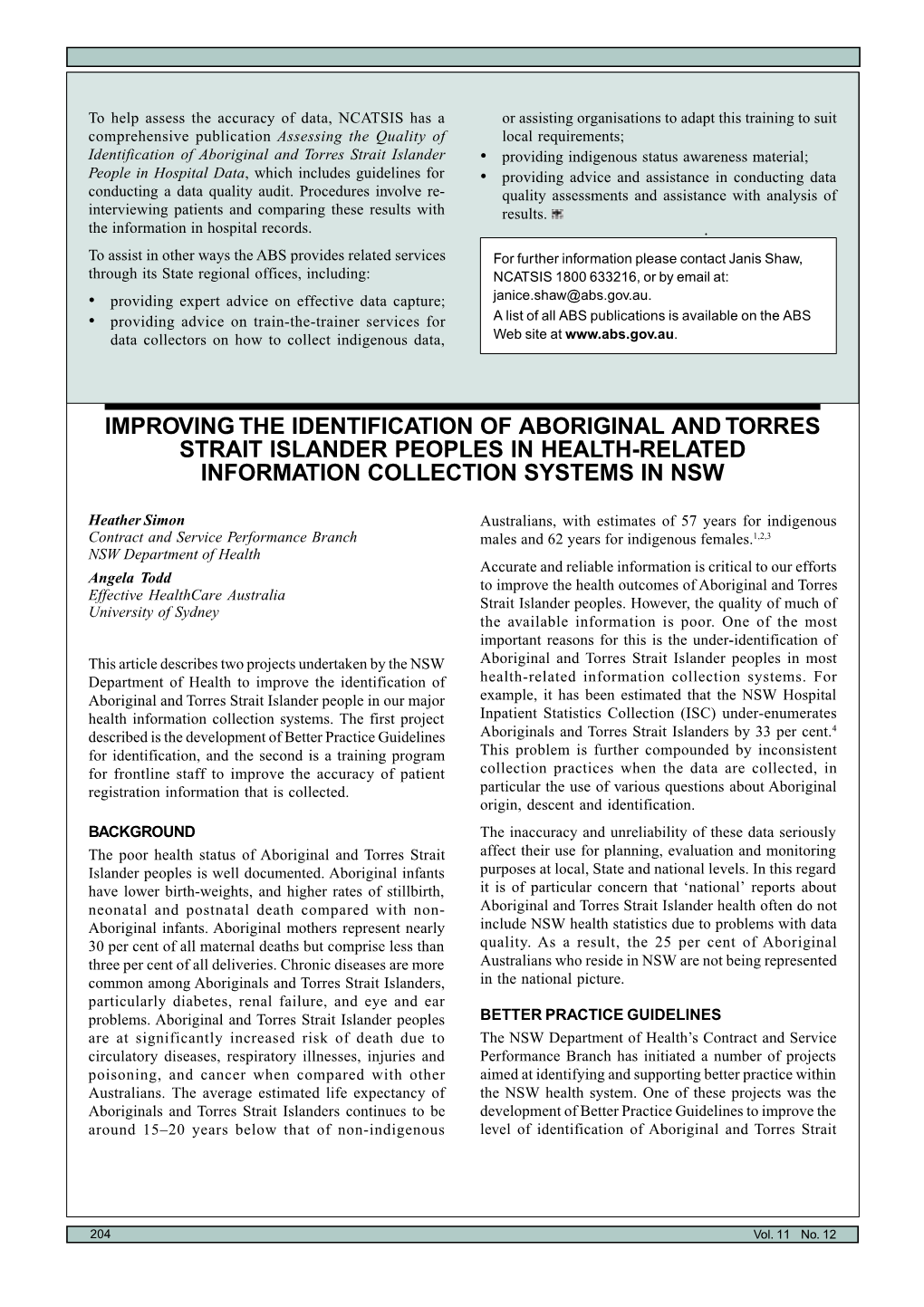Improving the Identification of Aboriginal and Torres Strait Islander Peoples in Health-Related Information Collection Systems in Nsw