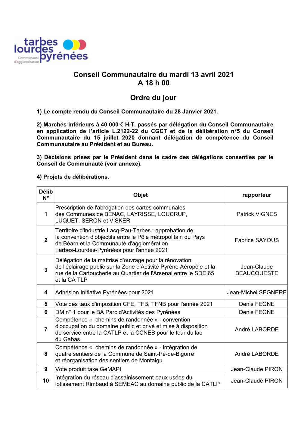 Conseil Communautaire Du Mardi 13 Avril 2021 a 18 H 00 Ordre Du Jour