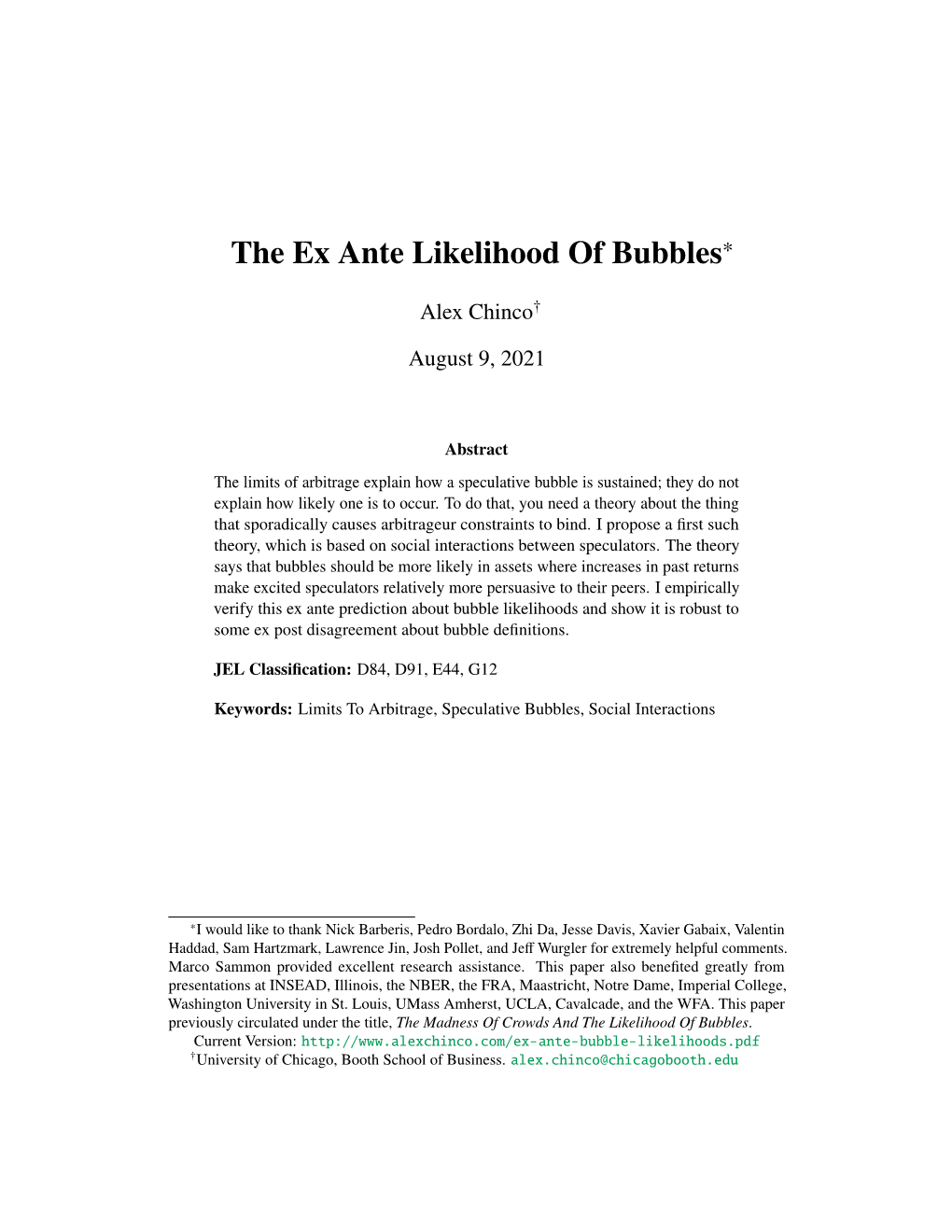 The Ex Ante Likelihood of Bubbles*