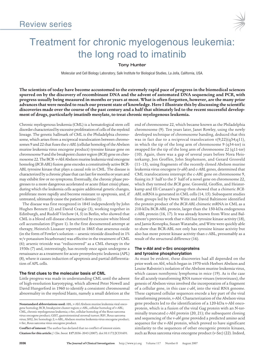 Treatment for Chronic Myelogenous Leukemia: the Long Road to Imatinib Tony Hunter