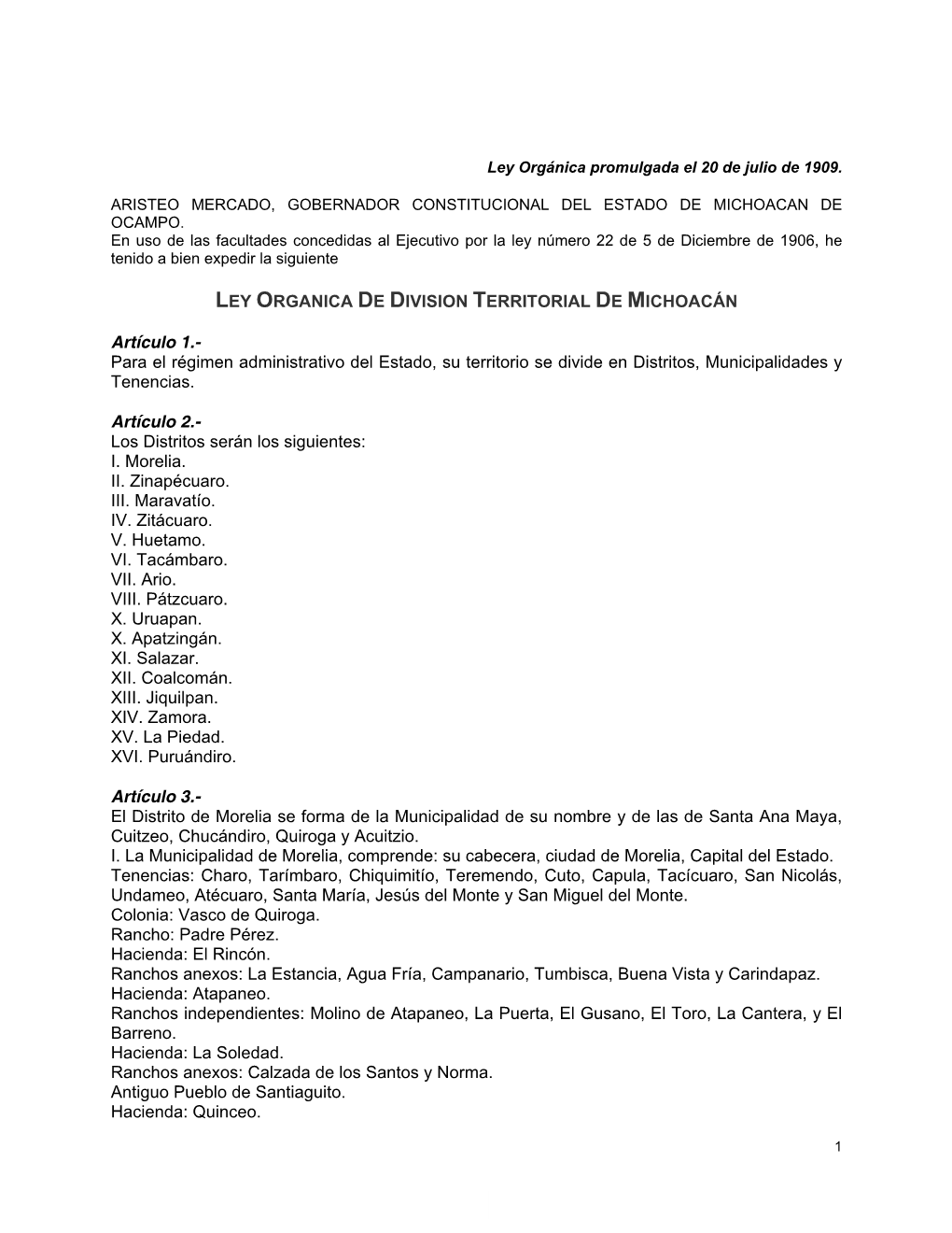 Ley Organica De Division Territorial De Michoacán