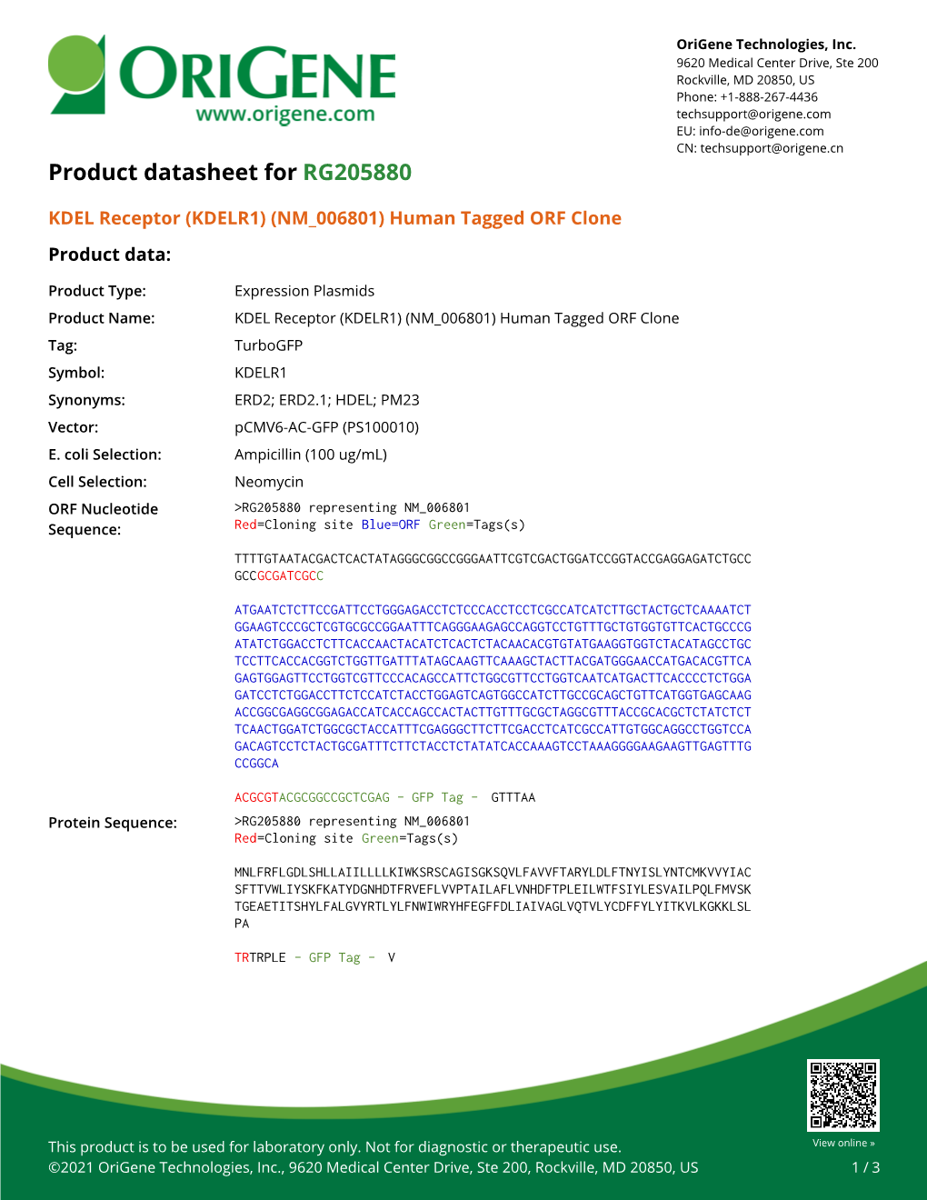 KDEL Receptor (KDELR1) (NM 006801) Human Tagged ORF Clone Product Data