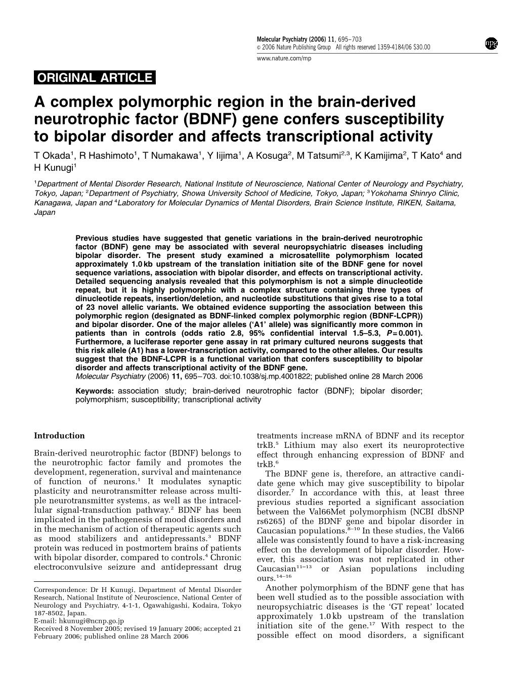 (BDNF) Gene Confers Susceptibility to Bipolar Disorder