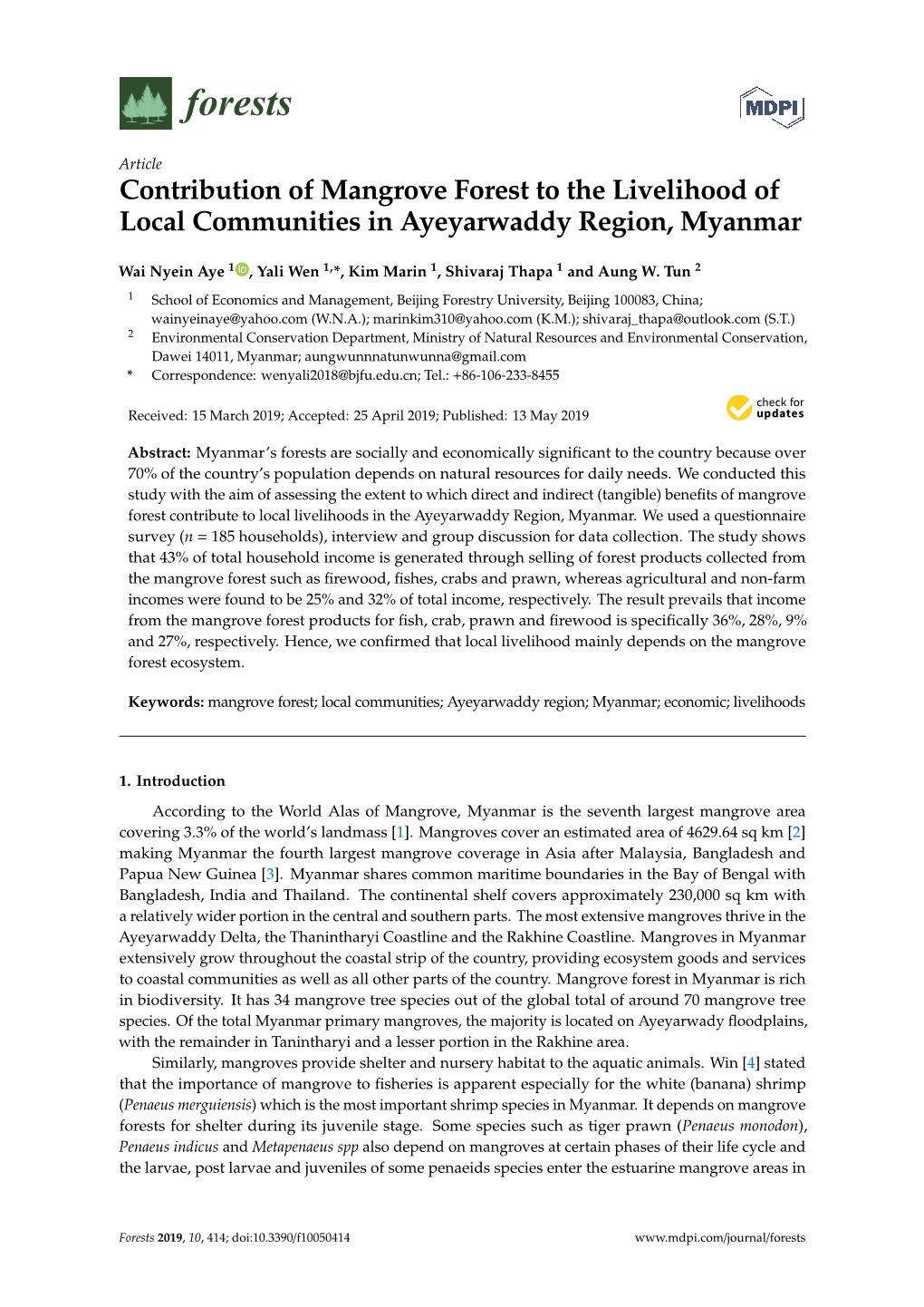 Contribution of Mangrove Forest to the Livelihood of Local Communities in Ayeyarwaddy Region, Myanmar