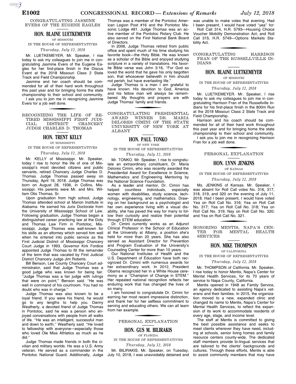 CONGRESSIONAL RECORD— Extensions of Remarks E1002 HON. BLAINE LUETKEMEYER HON. TRENT KELLY HON. PAUL TONKO HON. GUS M. BILIRAK