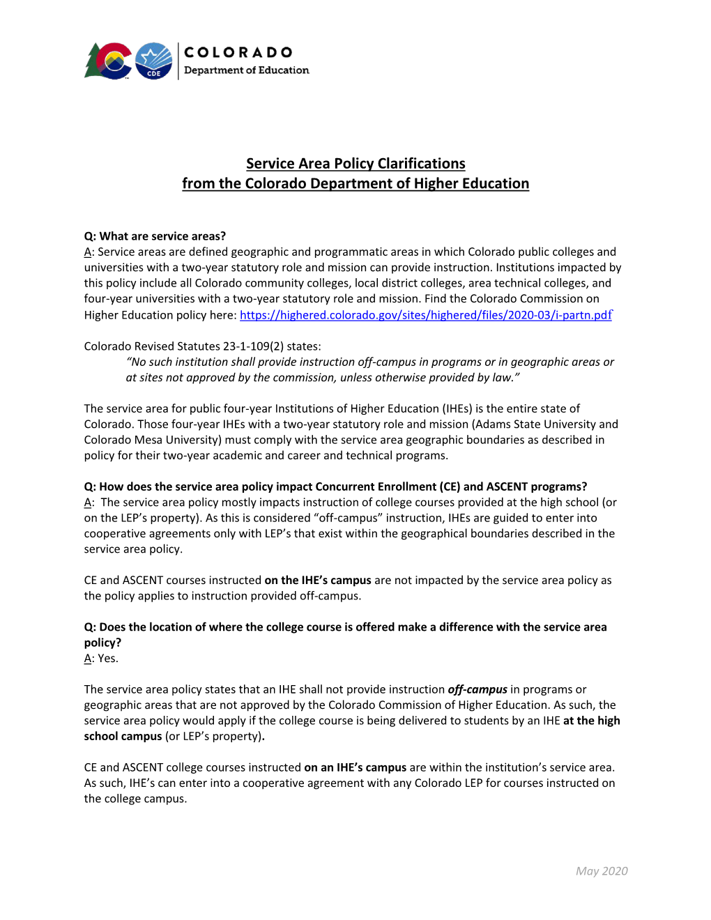 Service Area Policy Clarifications from the Colorado Department of Higher Education