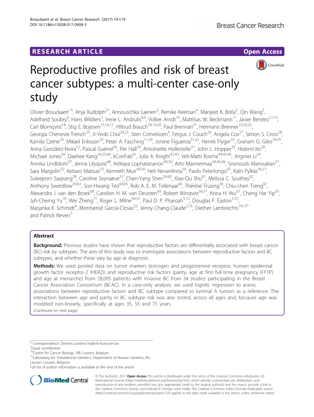 Reproductive Profiles and Risk of Breast Cancer Subtypes