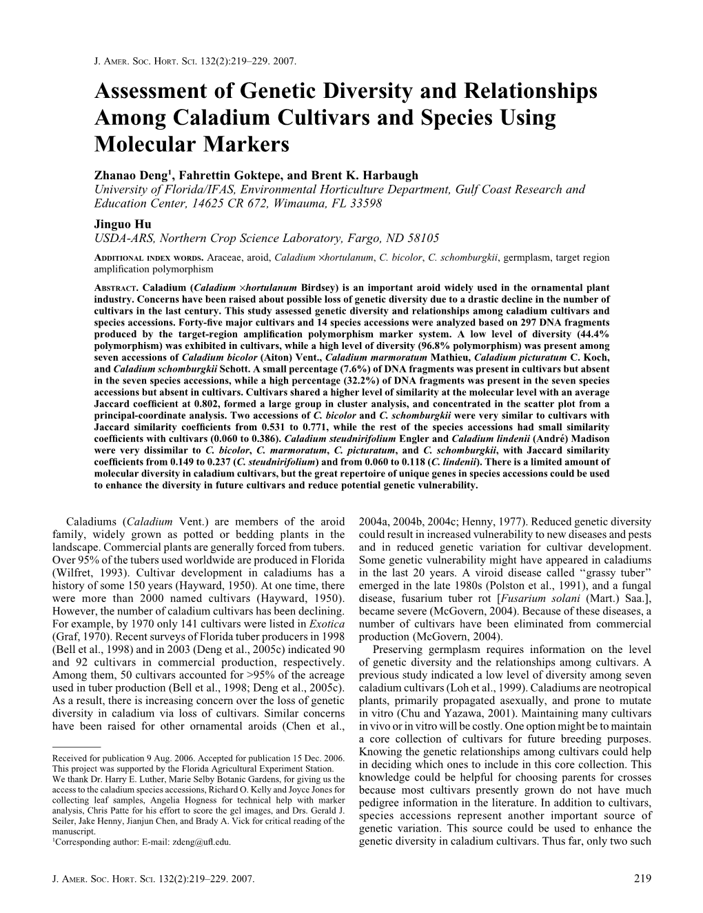 Assessment of Genetic Diversity and Relationships Among Caladium Cultivars and Species Using Molecular Markers