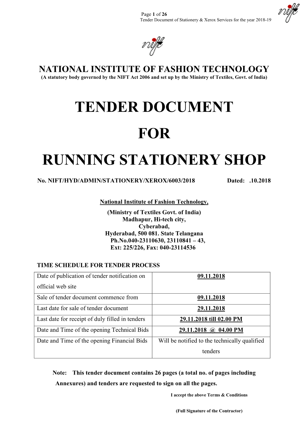 TENDER DOCUMENT for RUNNING STATIONERY SHOP No